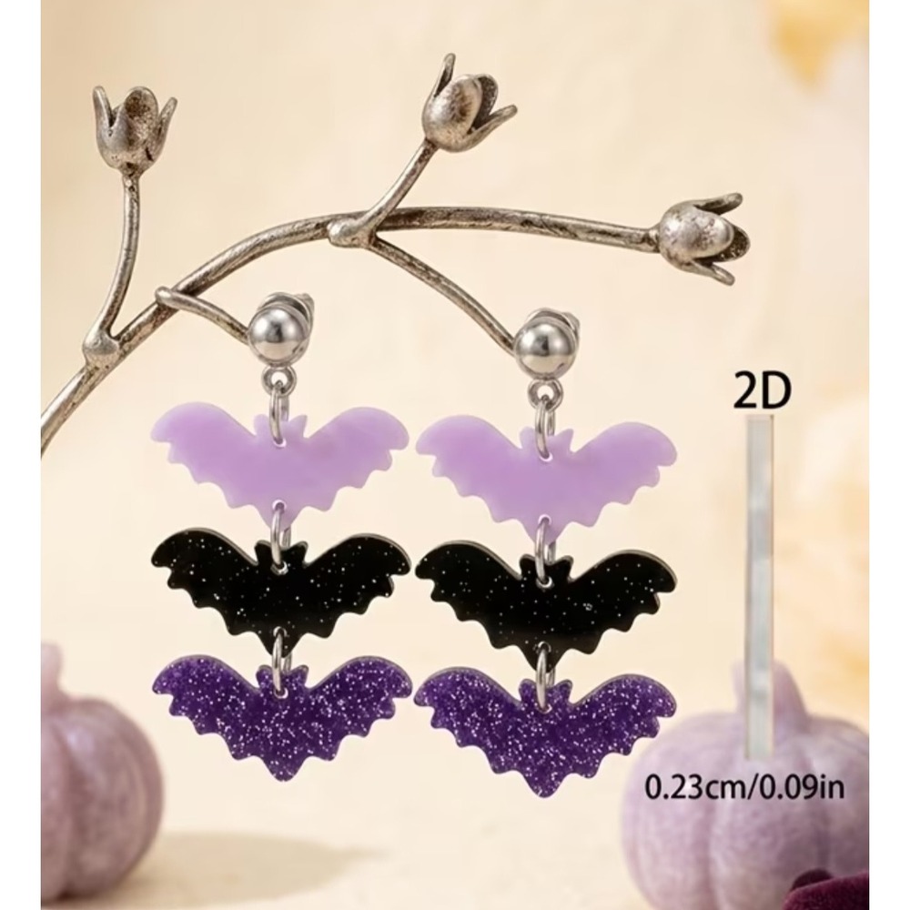 Purple Black Glitter Bat Drop Earrings Halloween Spooky Goth Jewelry
